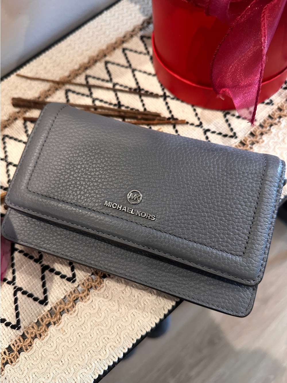 Michael Kors Gray Pebbled Leather Trifold Wallet with Silver Logo